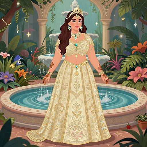 Digital illustration of a dark-haired bride in an ornate golden traditional outfit, adorned with jewelry, standing in a lush garden with a circular fountain in the
