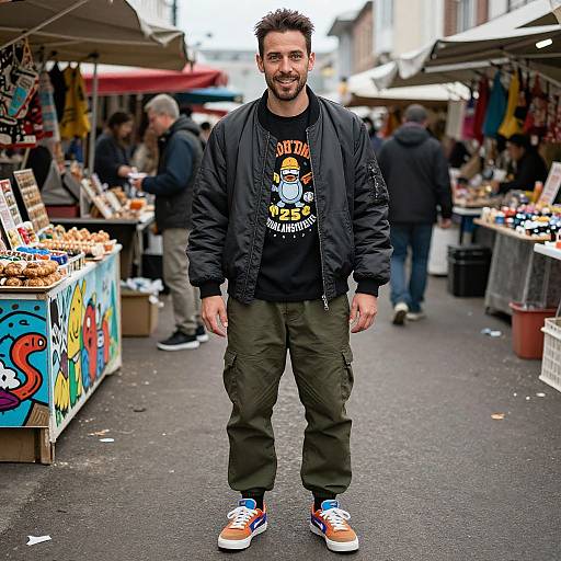 Photograph of a smiling man with short dark hair, beard, black jacket, 