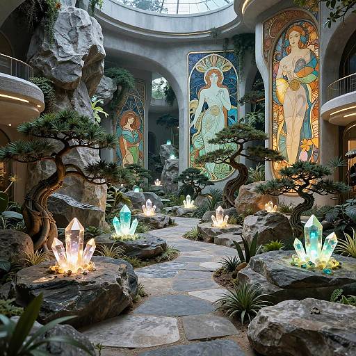 Futuristic Zen Garden with Neon Bonsais