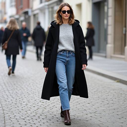 Photograph of a stylish woman with shoulder-length brown hair, wearing black coat, gray sweater, blue jeans, and brown boots, walking on a cob
