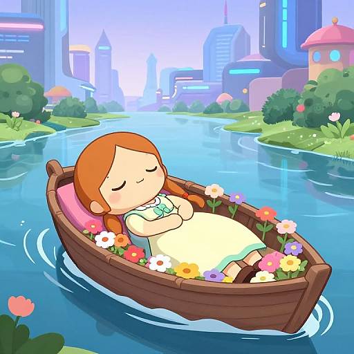 Kawaii Lady of Shallot Asleep in Flower-Filled Boat