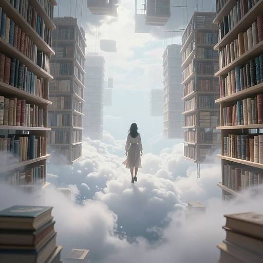 Digital art: Silhouetted woman in white dress stands in misty, cloud-filled library aisle, surrounded by towering bookshelves, with bright