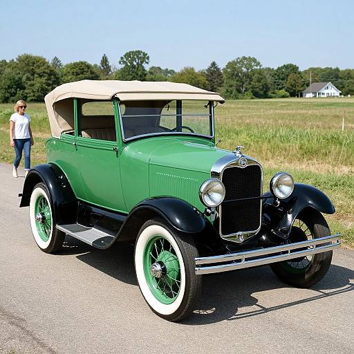 Vintage green and black vintage car with white-walled tires parked on a rural road, beige convertible top, man in white shirt walking in background.