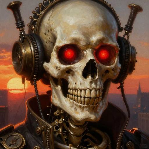 Digital artwork of a skull with glowing red eyes, wearing cybernetic headphones, against a sunset skyline with a cityscape.