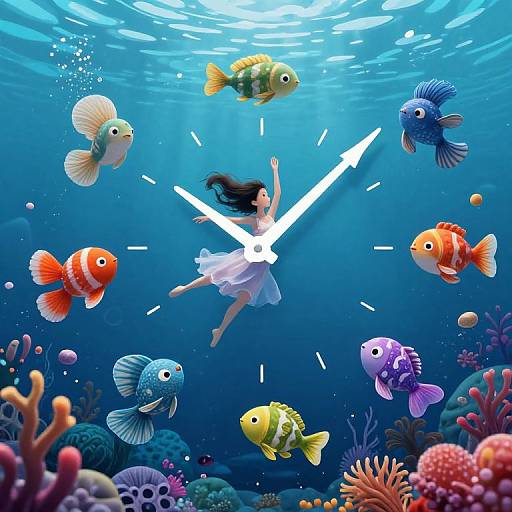 Colorful digital illustration of a floating girl in a white dress, surrounded by vibrant fish, underwater with coral and sunlight beams.