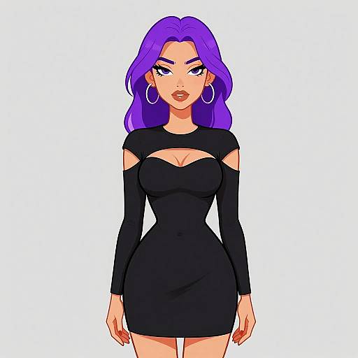 Digital drawing of a purple-haired woman with hoop earrings, wearing a black, cut-out dress, and long sleeves, standing against a white background.