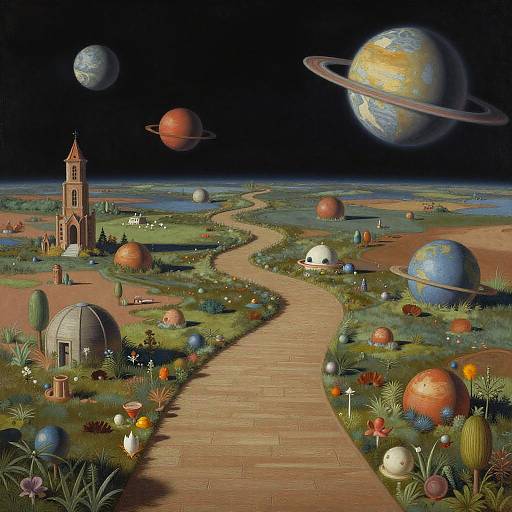 Surreal digital artwork: colorful planet-filled sky, winding path, church with bell tower, dome-shaped buildings, and oversized flowers in a vibrant,