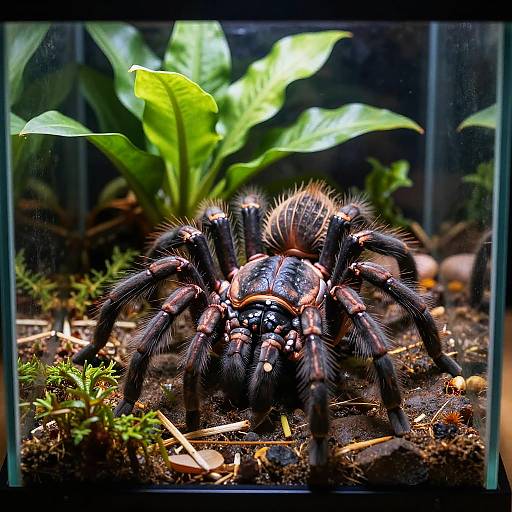 Photograph of a large, black and orange hairy tarantula with sparkling eyes, inside a glass terrarium with lush green plants and moss.