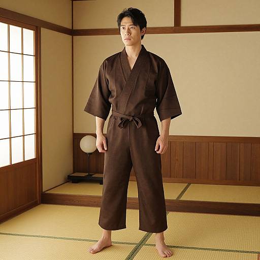 Photograph of an Asian man with short black hair, wearing a brown karate gi, standing barefoot in a traditional Japanese room.
