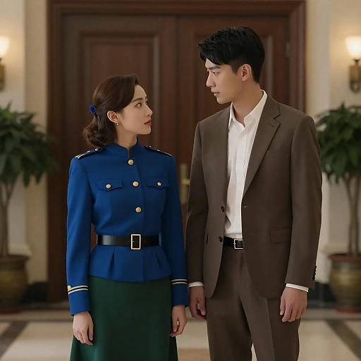 Elegant Hallway Couple in Military Jacket