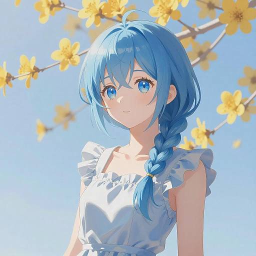Anime Girl with Blue Hair and Yellow Flowers