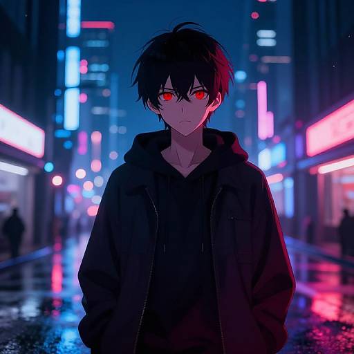 Anime-style digital artwork of a serious young man with black hair and red eyes, wearing a black hoodie, standing in a neon-lit, rain-so