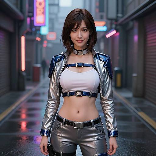 CGI image of a young Asian woman with short brown hair, wearing a metallic silver crop top and pants, black choker, and belt, standing