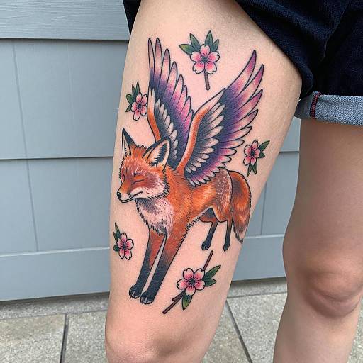 Fox with Wings Thigh Tattoo