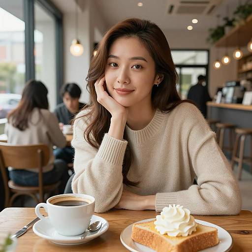 Asian Woman Enjoying Coffee and Toast in Cafe