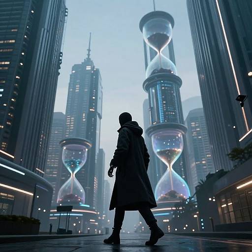 Silhouetted figure in long coat walks through futuristic cityscape with glowing hourglass skyscrapers; neon lights and towering buildings surround. Digital art