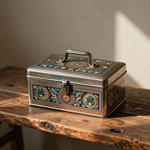 Decorative metal box with intricate floral patterns, silver handle, and lock, placed on a sunlit wooden table, casting a shadow.