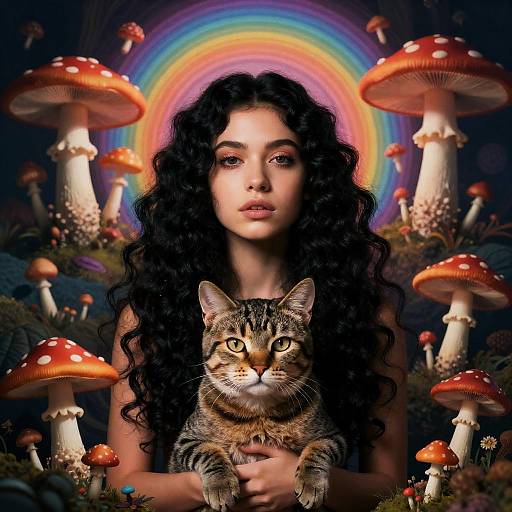 Girl with Curly Hair and Tabby Cat in Psychedelic Mushroom Scene
