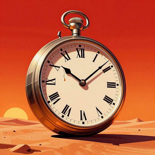 Photograph of a vintage silver pocket watch with black Roman numerals, standing upright on a red desert sand dune under a bright, orange sunset.