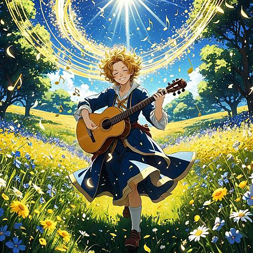 Wandering Bard Playing Guitar in Sunlit Meadow