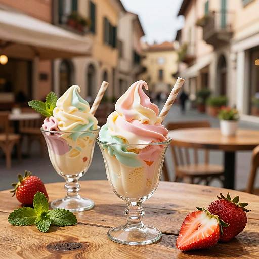 Photograph of two glass parfait cups with pastel-colored swirled ice cream, striped straws, and strawberries on a wooden table in a sunny