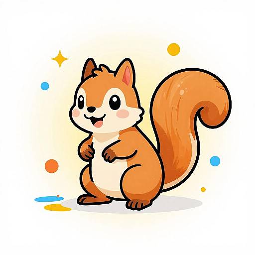Cute digital illustration of a chibi-style, orange and white cartoon squirrel with a big, fluffy tail, standing and smiling with small paws.