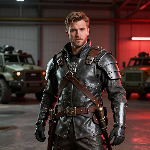 Photograph of a handsome, bearded man in black leather armor with metal shoulder plates, standing in a dimly lit garage with red lighting and military