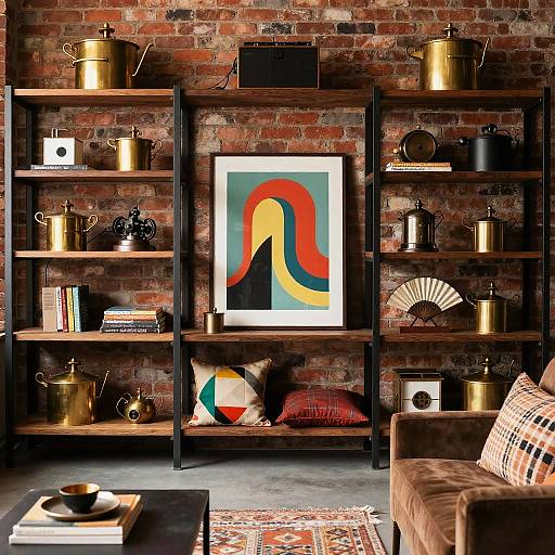 Modern living room with rustic brick wall, black wooden shelves, gold and black decor, colorful abstract art, and a cozy brown sofa.