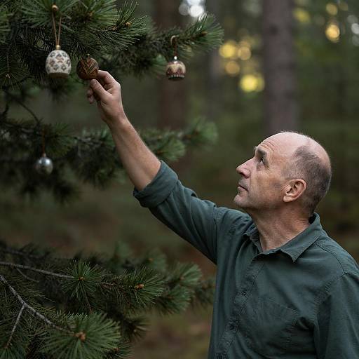 Focused Man Interacting with Forest Ornaments