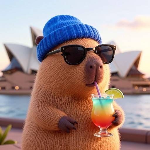 CGI image of a cute, brown-furred rodent wearing a blue beanie and black sunglasses, sipping a colorful cocktail with a lime wedge