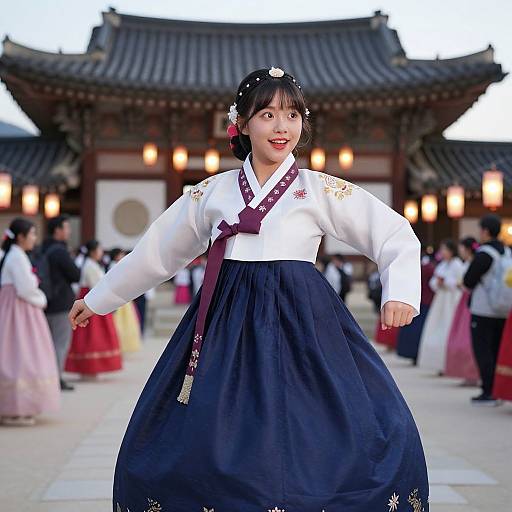 Photograph of a young Korean woman in traditional hanbok with white top, dark blue skirt, floral hairpin, performing a dance in a historic