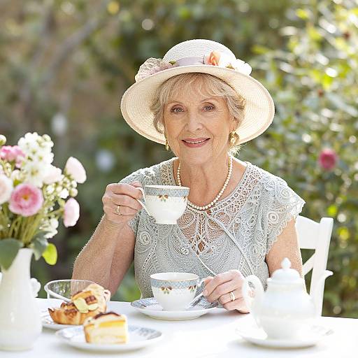Photograph of an elderly white woman with short blonde hair, wearing a white lace dress, hat with pink flower, and pearl necklace, smiling while holding