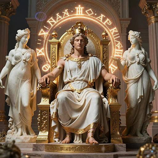 Photograph of a statuesque woman with dark hair and white toga, seated on a golden throne with angelic statues flanking her. Glowing