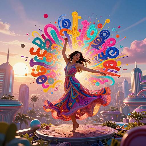 Colorful digital artwork of a dancing woman in a vibrant, flowing dress with 