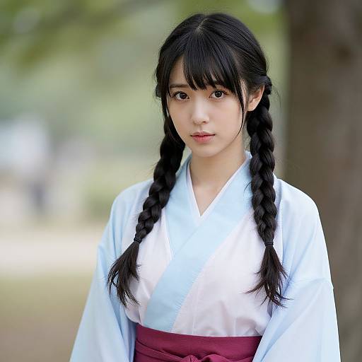 Photograph of an East Asian woman with long black braided hair, wearing a traditional white kimono with a maroon obi, standing in a