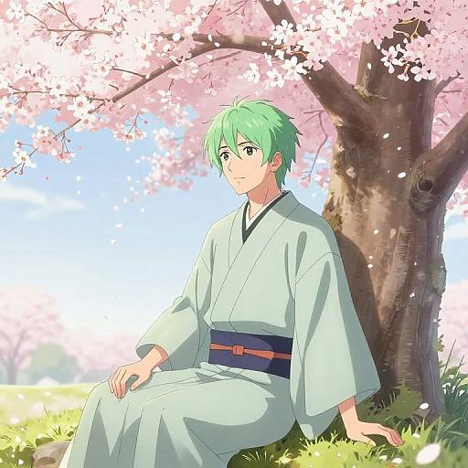 Anime-style digital artwork of a green-haired, fair-skinned boy in a white kimono, sitting under a cherry blossom tree with a blue sky background