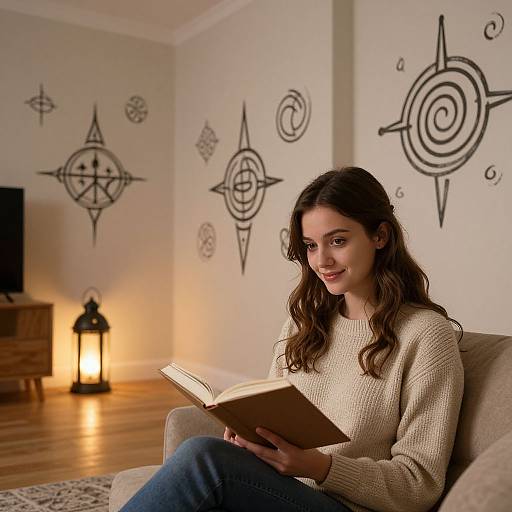 Photograph of a smiling young woman with wavy brown hair, wearing a beige sweater and blue jeans, reading a book in a cozy, dimly