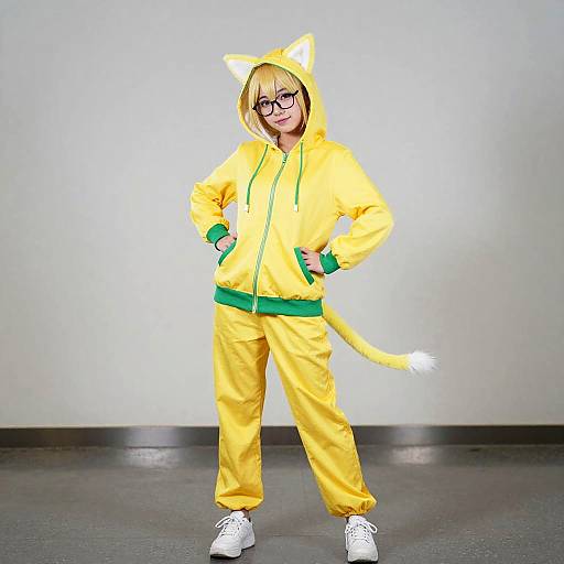 Photograph of a young woman with blonde hair, black glasses, wearing a yellow cat-themed hoodie and pants, hands on hips, white sneakers, standing