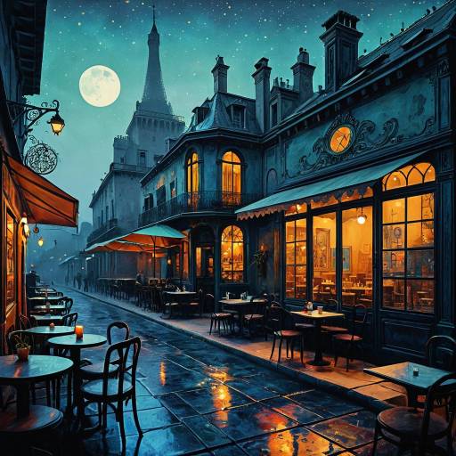 Parisian Street Café at Night with Full Moon