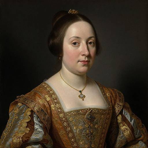 Photograph of a 17th-century European woman with pale skin, dark hair, and brown eyes, wearing an ornate brown and gold dress,
