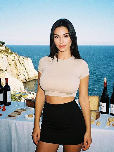 Photograph of a brunette woman with straight hair, wearing a white crop top and black skirt, standing in front of a seaside table with wine, cheese