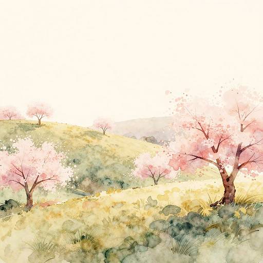 Minimalist Watercolor Cherry Blossom Hills