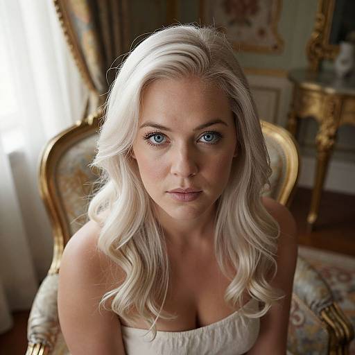 Photograph of a blonde woman with blue eyes, wearing a white strapless top, seated in an ornate, gold-accented chair, in