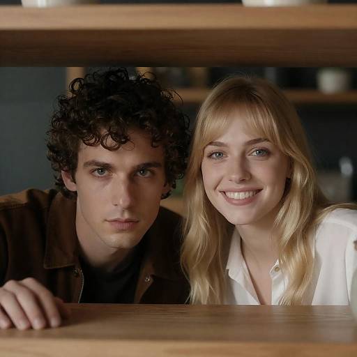 Couple Curiously Peeking from Shelf