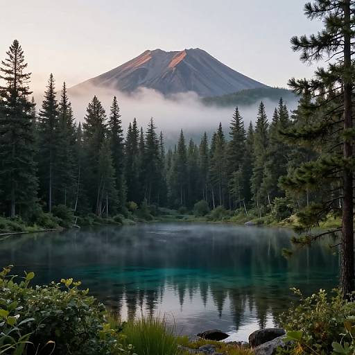 Photograph of a serene mountain lake surrounded by tall pine trees, mist rising from the water, and a majestic mountain peak in the background.