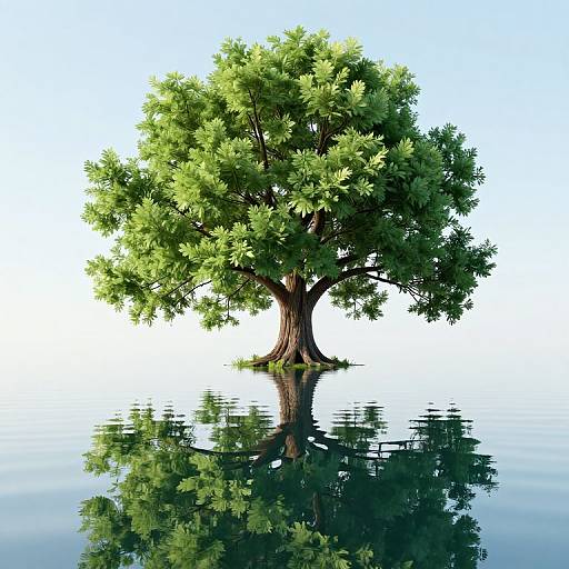Photograph of a solitary, lush green tree with a thick trunk, floating serenely on still, reflective water, against a clear blue sky.