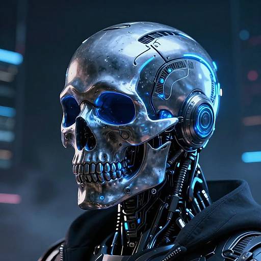 Photorealistic digital art of a cybernetic skull with glowing blue eyes, futuristic headphones, and intricate mechanical details against a dark, neon-lit