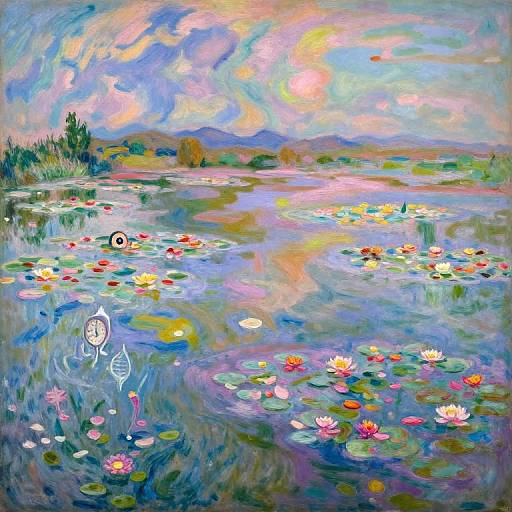 Vibrant impressionist painting of a colorful pond with lilies, clouds reflecting on water, and whimsical dream-like figures in the foreground.