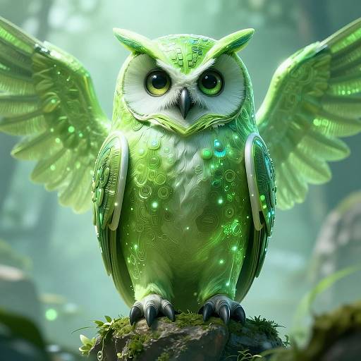 Digital art of a glowing, green, detailed owl with illuminated wings standing on a moss-covered rock in a mystical forest.