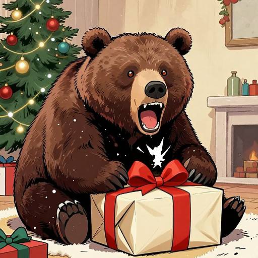Cartoon-style drawing of a brown bear sitting on a white rug, excitedly opening a red-ribboned gift, Christmas tree and lit fireplace in